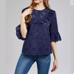 Jennifer&Grace Navy Eyelet Ruffle-Accent Crewneck